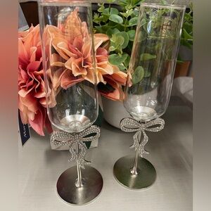 Rhinestone Bow Ribbon Coquette Glass Silver Champagne Flute Glasses Set of 2 NWT